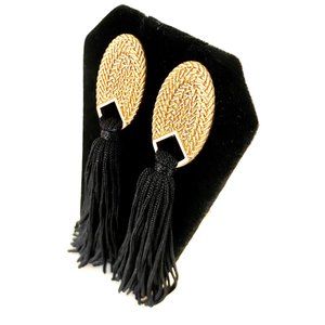 Goldtone Oval Earrings With Black Tassels